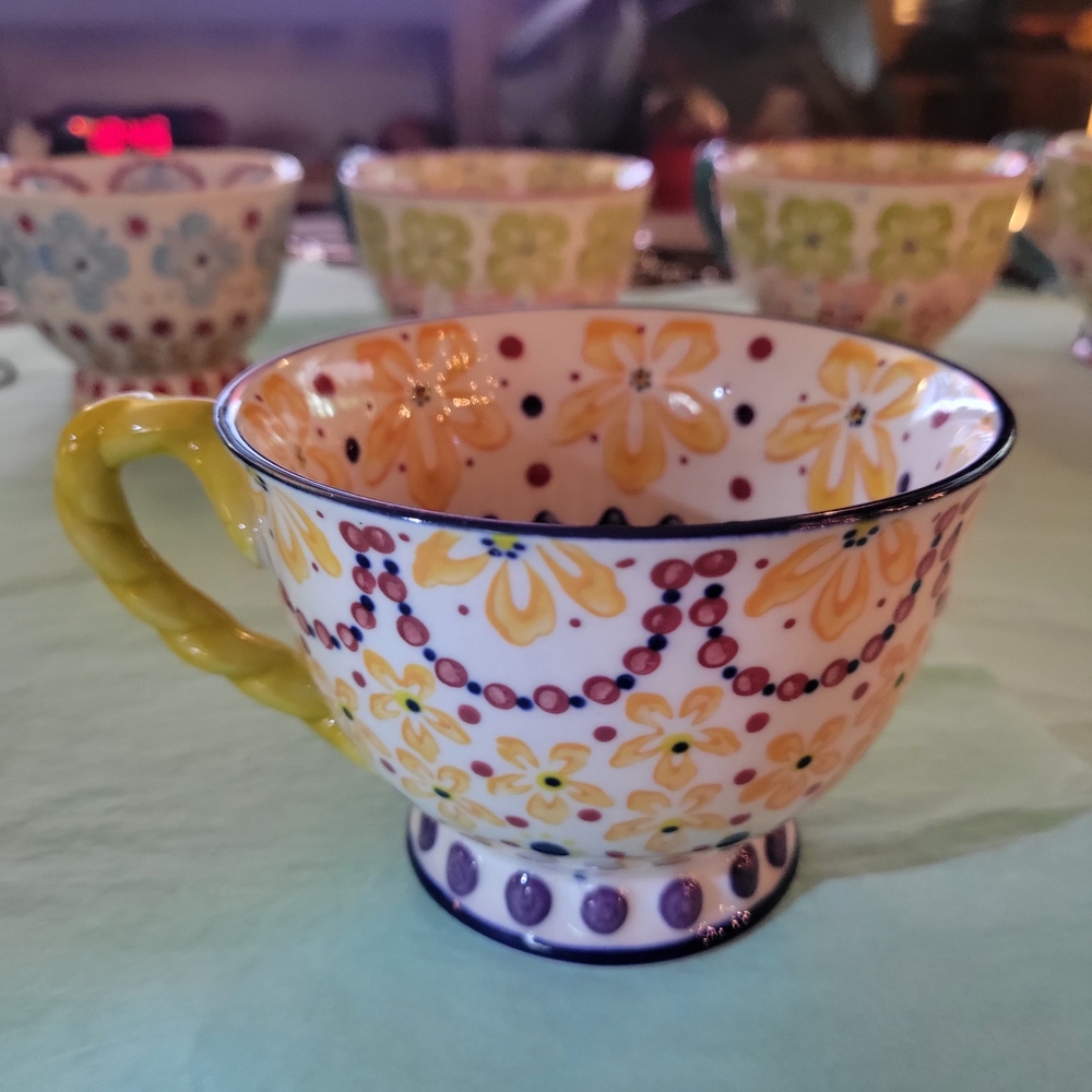 Anthropologie 12 Oz. Floral Patterned Teacup with Yellow Handle
